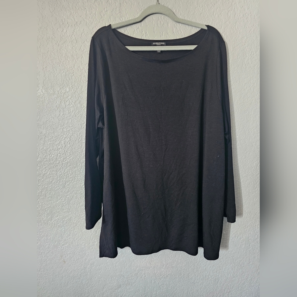 EILEEN FISHER Top 2x Lyocell Stretch Shift Scoop Neck Long Sleeve Black